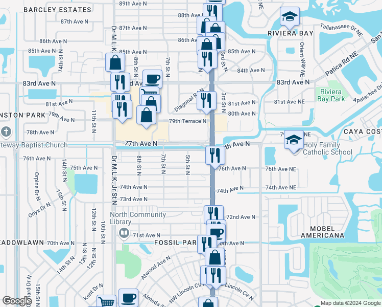 map of restaurants, bars, coffee shops, grocery stores, and more near 478 77th Avenue North in St. Petersburg