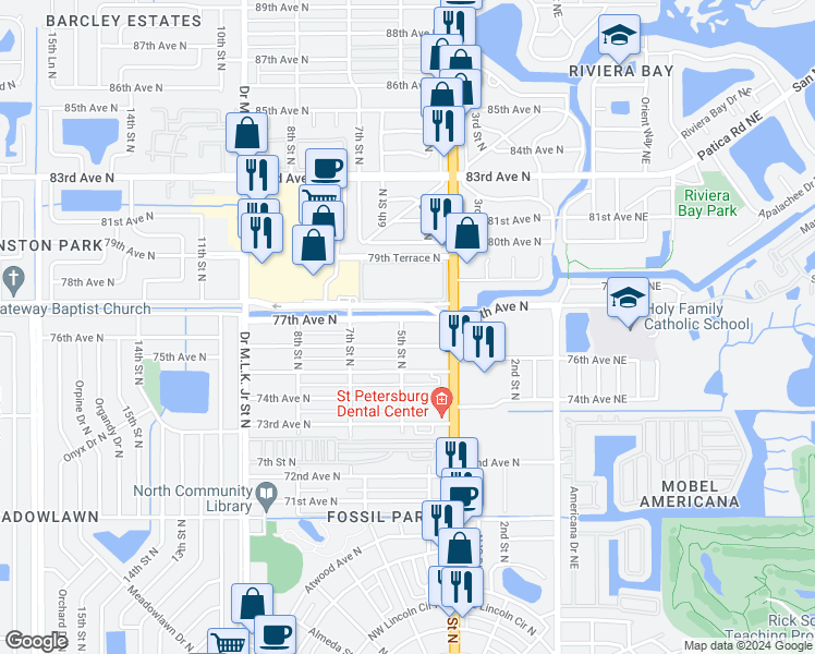 map of restaurants, bars, coffee shops, grocery stores, and more near 478 77th Avenue North in St. Petersburg