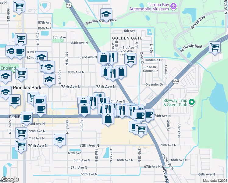 map of restaurants, bars, coffee shops, grocery stores, and more near 7880 Florida 55 in Pinellas Park