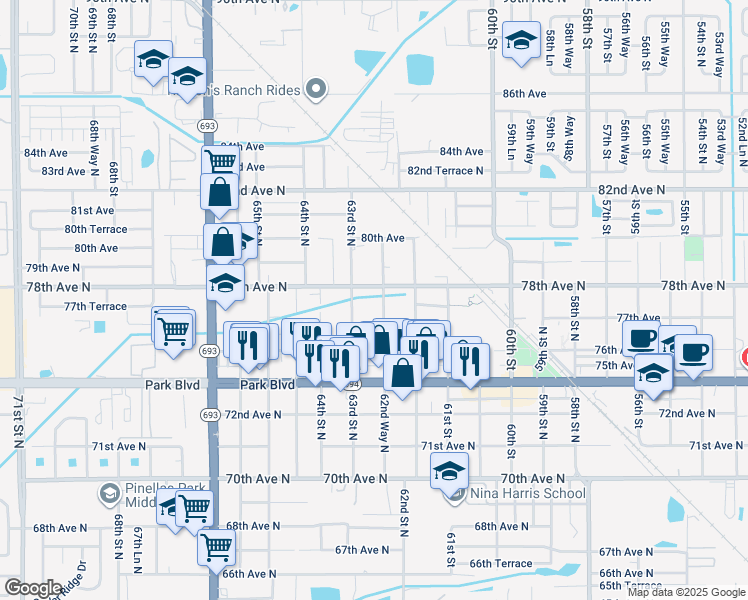 map of restaurants, bars, coffee shops, grocery stores, and more near 6279 78th Avenue North in Pinellas Park