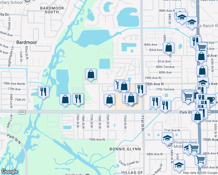 map of restaurants, bars, coffee shops, grocery stores, and more near 7774 75th Street North in Pinellas Park