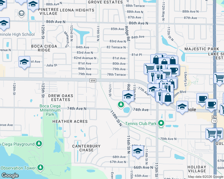 map of restaurants, bars, coffee shops, grocery stores, and more near 11710 Park Boulevard North in Seminole