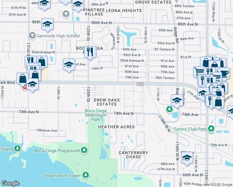 map of restaurants, bars, coffee shops, grocery stores, and more near 7772 Barry Court in Seminole