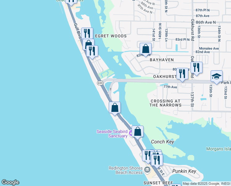 map of restaurants, bars, coffee shops, grocery stores, and more near 18651 Gulf Boulevard in Indian Rocks Beach