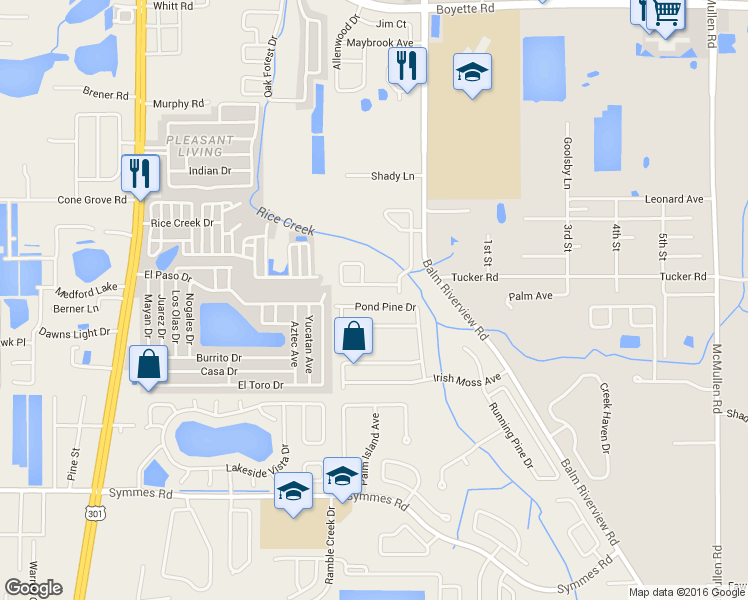 map of restaurants, bars, coffee shops, grocery stores, and more near 10920 Pond Pine Drive in Riverview