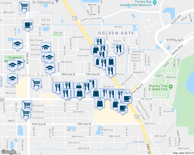 map of restaurants, bars, coffee shops, grocery stores, and more near 4050 78th Avenue North in Pinellas Park