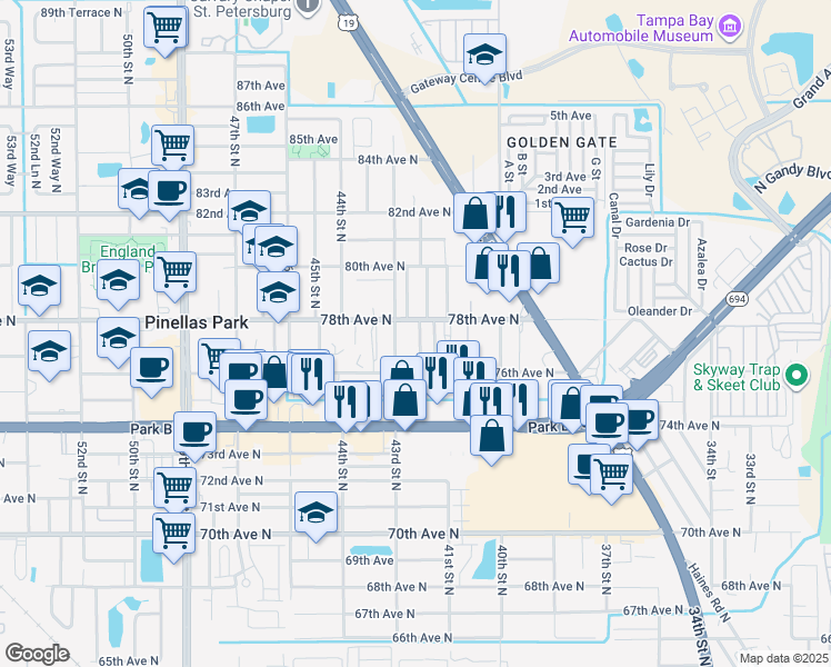 map of restaurants, bars, coffee shops, grocery stores, and more near 7801 42nd Street North in Pinellas Park