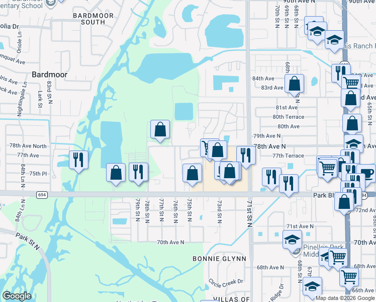 map of restaurants, bars, coffee shops, grocery stores, and more near 7774 75th Street North in Pinellas Park