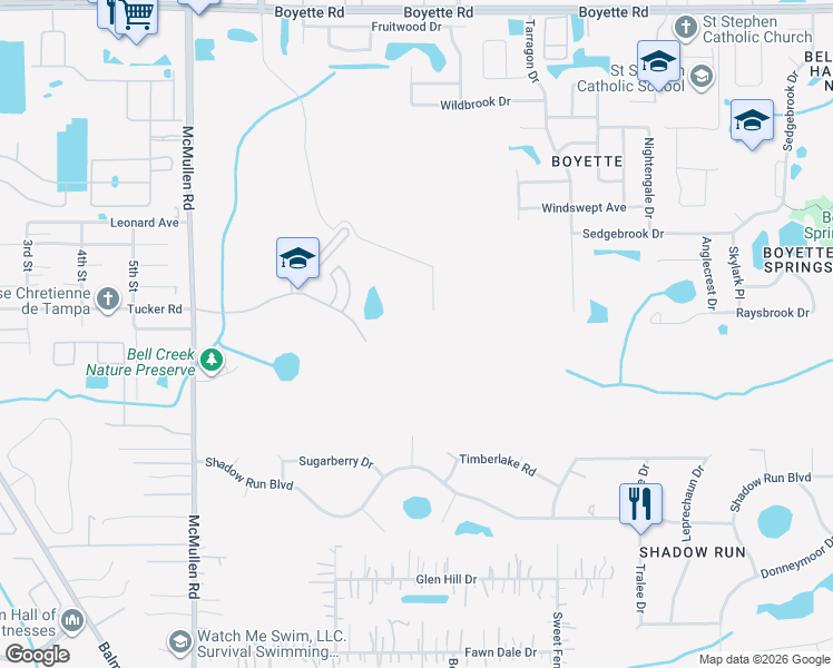map of restaurants, bars, coffee shops, grocery stores, and more near Donneymoor Drive in Riverview