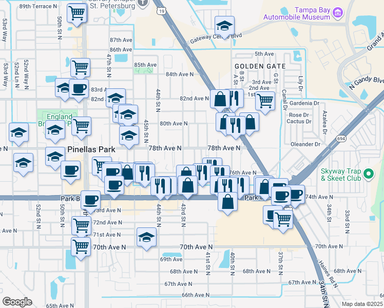 map of restaurants, bars, coffee shops, grocery stores, and more near 7801 42nd Street North in Pinellas Park