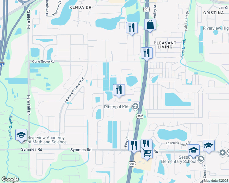 map of restaurants, bars, coffee shops, grocery stores, and more near 11009 Rising Mist Boulevard in Riverview