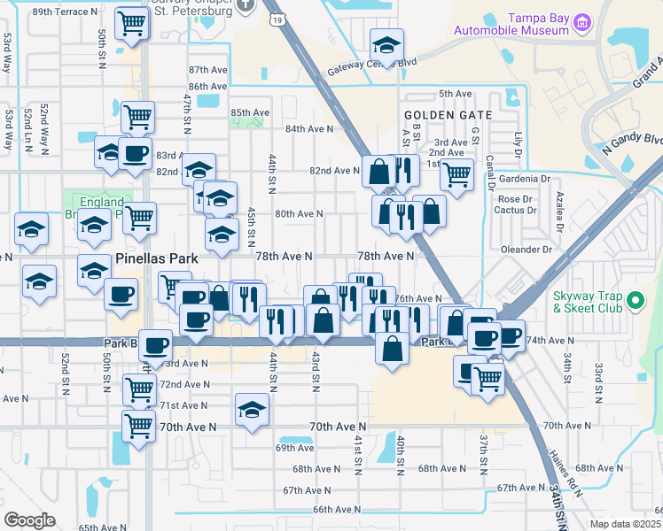 map of restaurants, bars, coffee shops, grocery stores, and more near 7801 42nd Street North in Pinellas Park