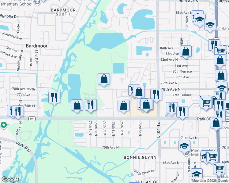 map of restaurants, bars, coffee shops, grocery stores, and more near 7595 78th Avenue North in Pinellas Park