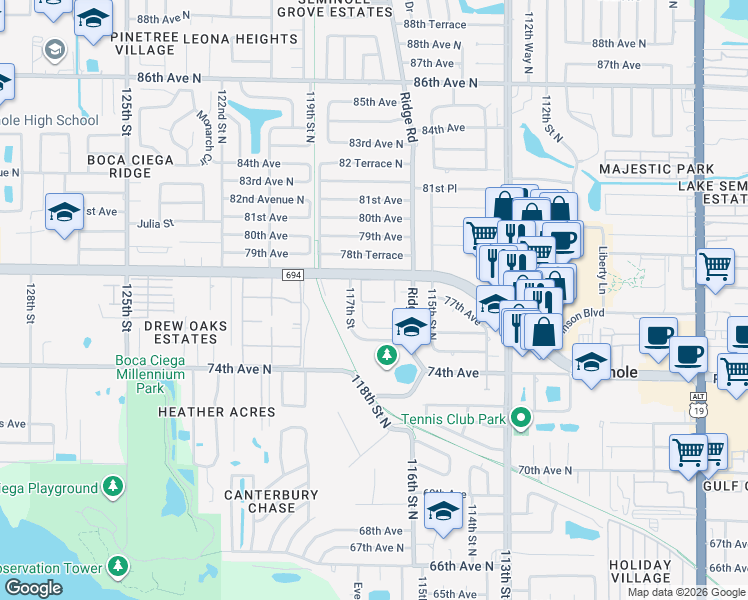 map of restaurants, bars, coffee shops, grocery stores, and more near 11710 Park Boulevard North in Seminole
