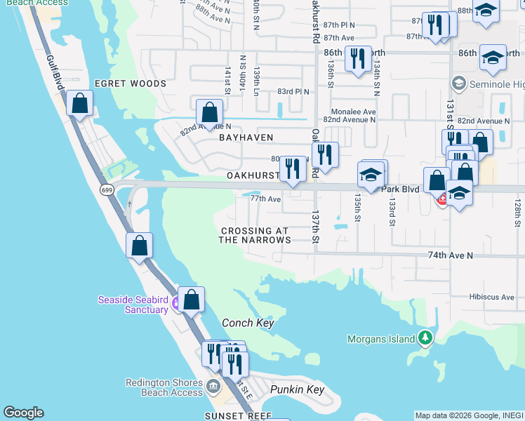 map of restaurants, bars, coffee shops, grocery stores, and more near 7685 Harborview Way in Seminole