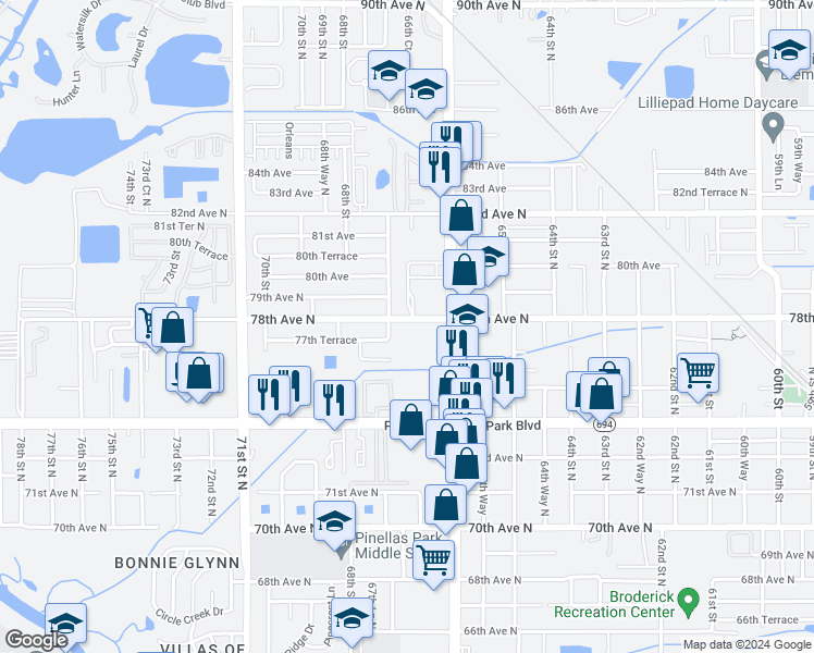 map of restaurants, bars, coffee shops, grocery stores, and more near 6658 78th Avenue North in Pinellas Park
