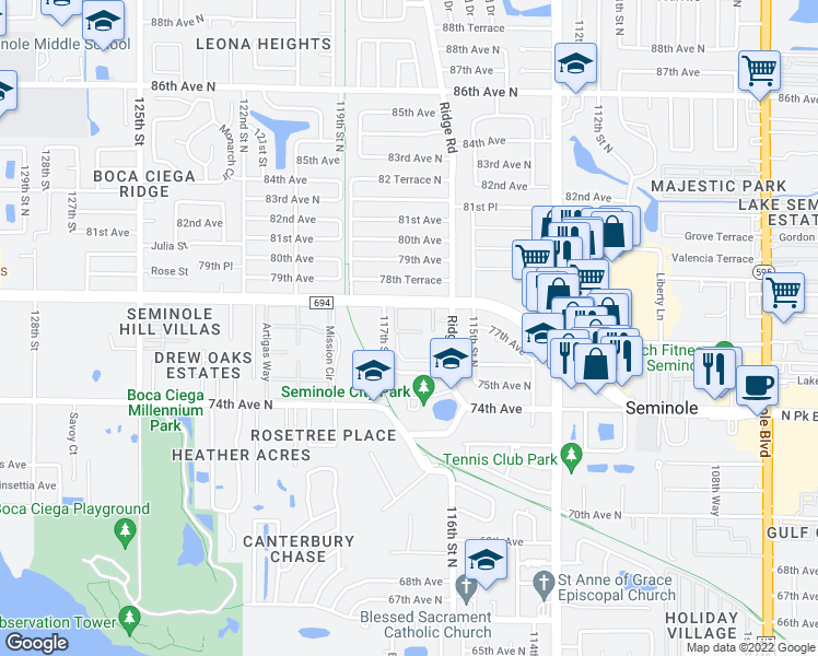 map of restaurants, bars, coffee shops, grocery stores, and more near 11720 Park Boulevard North in Seminole