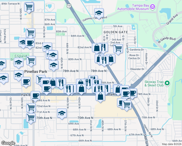 map of restaurants, bars, coffee shops, grocery stores, and more near 7801 42nd Street North in Pinellas Park