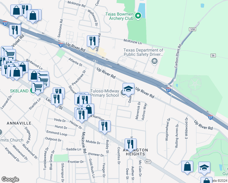 map of restaurants, bars, coffee shops, grocery stores, and more near 3218 Shallow Creek Drive in Corpus Christi