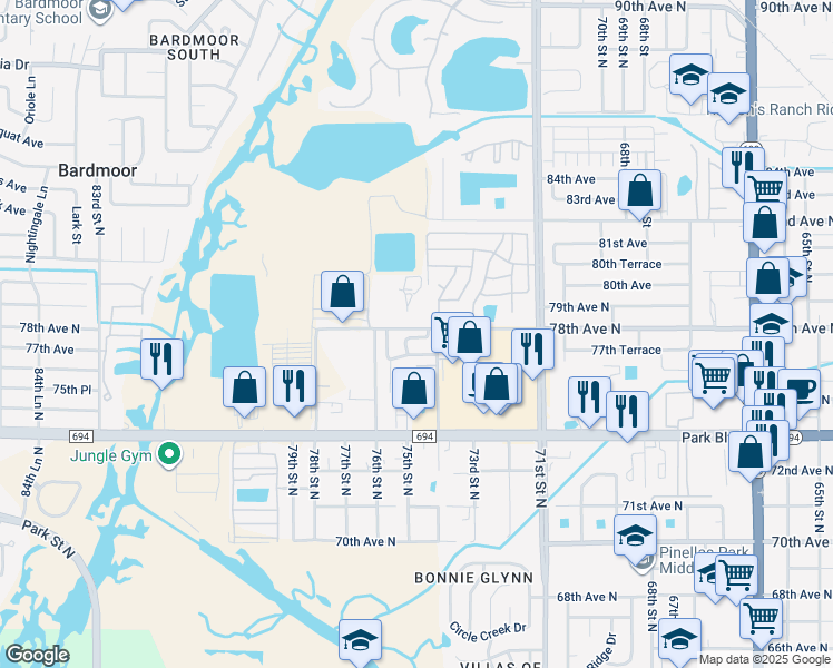 map of restaurants, bars, coffee shops, grocery stores, and more near 7774 75th Street North in Pinellas Park