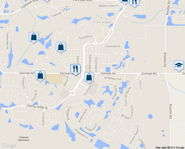 map of restaurants, bars, coffee shops, grocery stores, and more near 17043 Dorman Road in Lithia