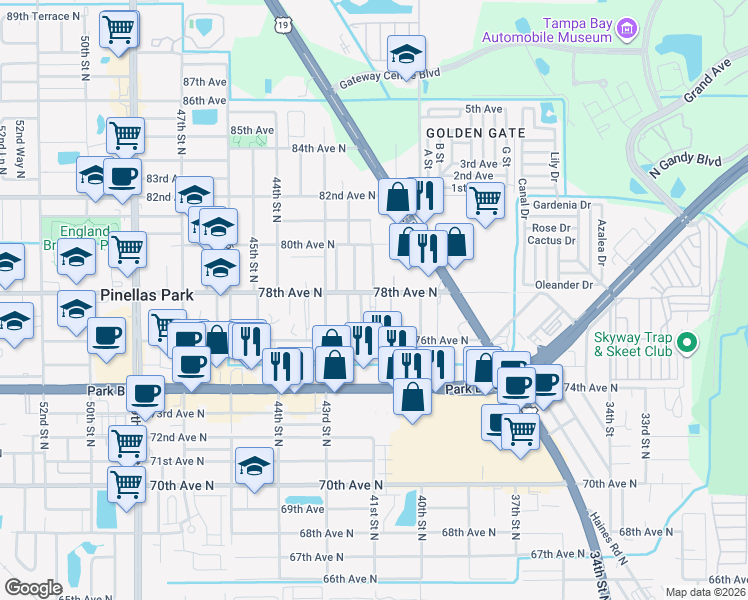 map of restaurants, bars, coffee shops, grocery stores, and more near 7801 42nd Street North in Pinellas Park