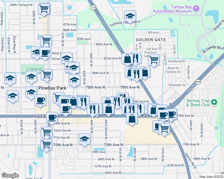 map of restaurants, bars, coffee shops, grocery stores, and more near 7801 42nd Street North in Pinellas Park