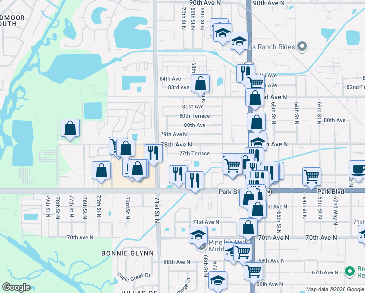 map of restaurants, bars, coffee shops, grocery stores, and more near 6891 78th Avenue North in Pinellas Park