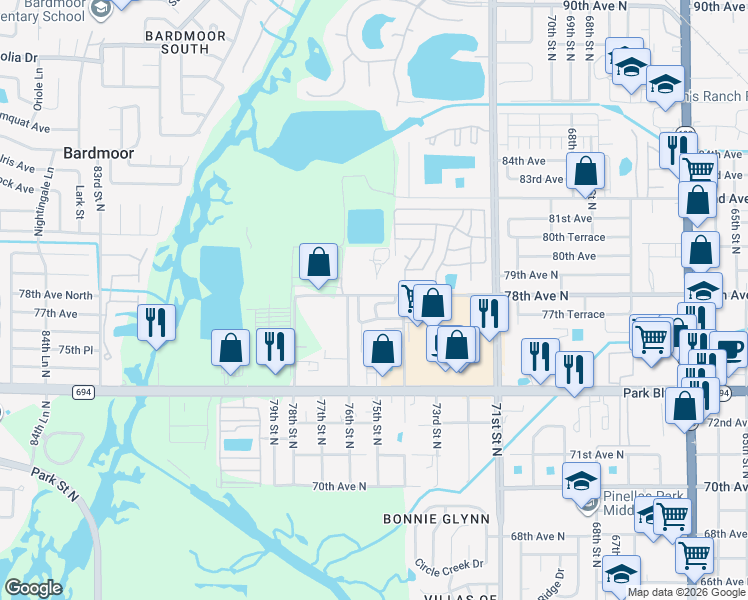 map of restaurants, bars, coffee shops, grocery stores, and more near 7774 75th Street North in Pinellas Park