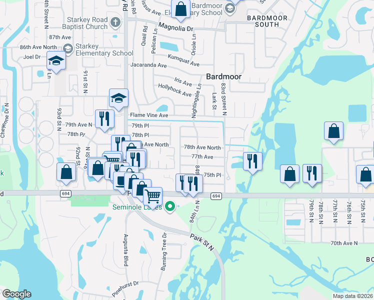 map of restaurants, bars, coffee shops, grocery stores, and more near 8491 78th Avenue North in Seminole
