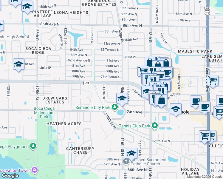 map of restaurants, bars, coffee shops, grocery stores, and more near 11710 Park Boulevard North in Seminole