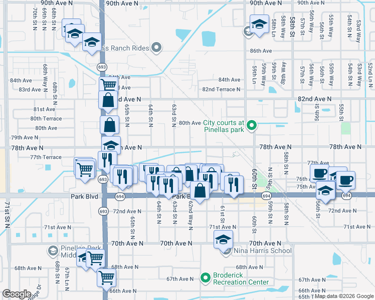 map of restaurants, bars, coffee shops, grocery stores, and more near 6279 78th Avenue North in Pinellas Park