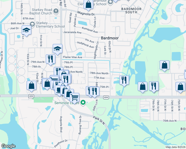 map of restaurants, bars, coffee shops, grocery stores, and more near 8491 78th Avenue North in Seminole