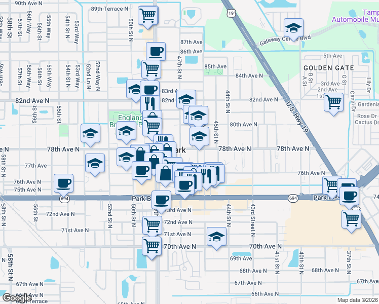 map of restaurants, bars, coffee shops, grocery stores, and more near 4606 78th Avenue North in Pinellas Park