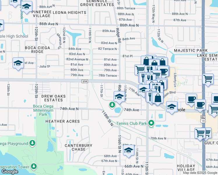 map of restaurants, bars, coffee shops, grocery stores, and more near 11710 Park Boulevard North in Seminole