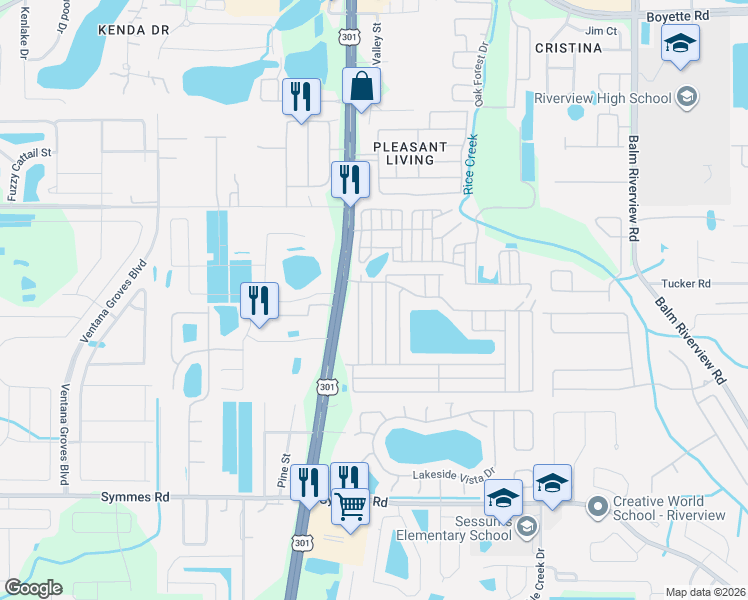 map of restaurants, bars, coffee shops, grocery stores, and more near 10904 Juarez Drive in Riverview