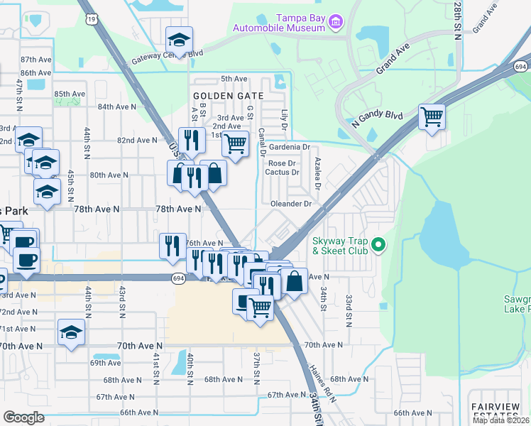 map of restaurants, bars, coffee shops, grocery stores, and more near 34436 Oleander Drive in Pinellas Park