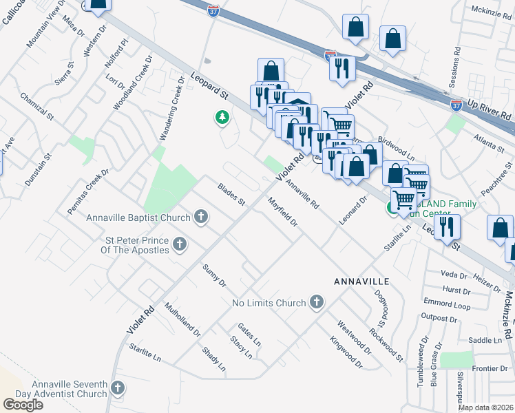 map of restaurants, bars, coffee shops, grocery stores, and more near 4133 Violet Road in Corpus Christi