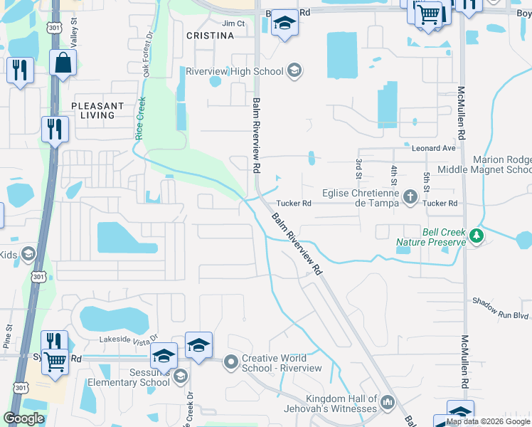 map of restaurants, bars, coffee shops, grocery stores, and more near 10807 Balm Riverview Road in Riverview