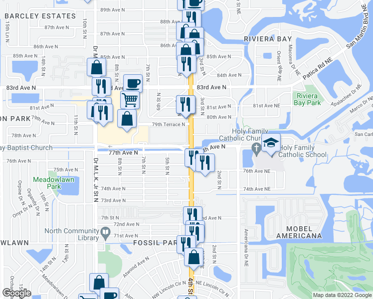 map of restaurants, bars, coffee shops, grocery stores, and more near 15727 77th Avenue North in St. Petersburg