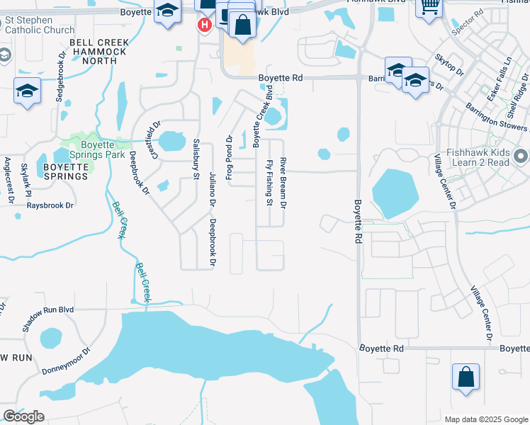 map of restaurants, bars, coffee shops, grocery stores, and more near 10452 Fly Fishing Street in Riverview