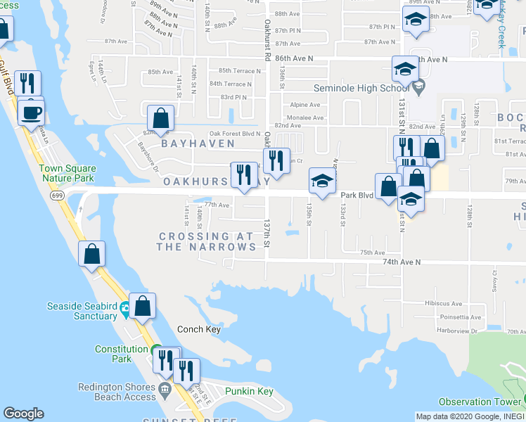map of restaurants, bars, coffee shops, grocery stores, and more near 13716 77th Avenue in Seminole