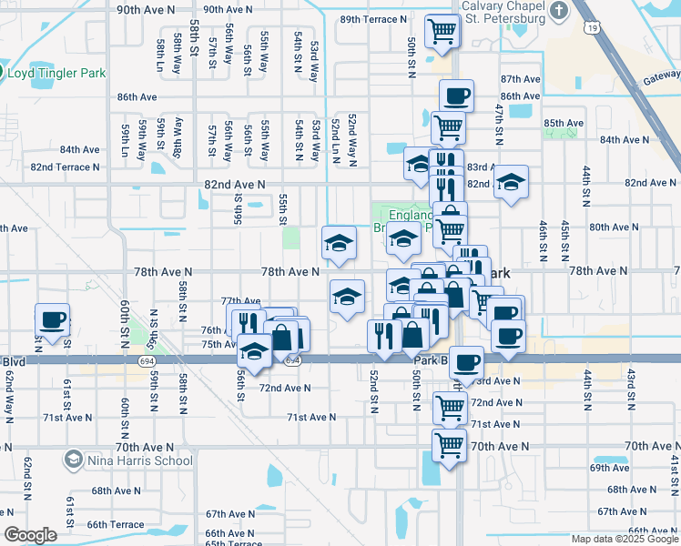 map of restaurants, bars, coffee shops, grocery stores, and more near in Pinellas Park