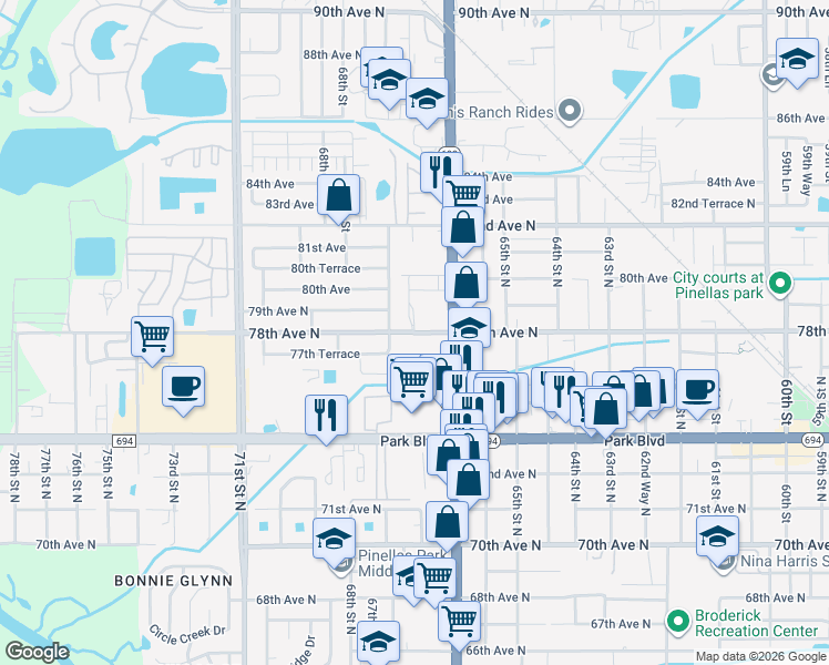 map of restaurants, bars, coffee shops, grocery stores, and more near 6695 66th Way in Pinellas Park
