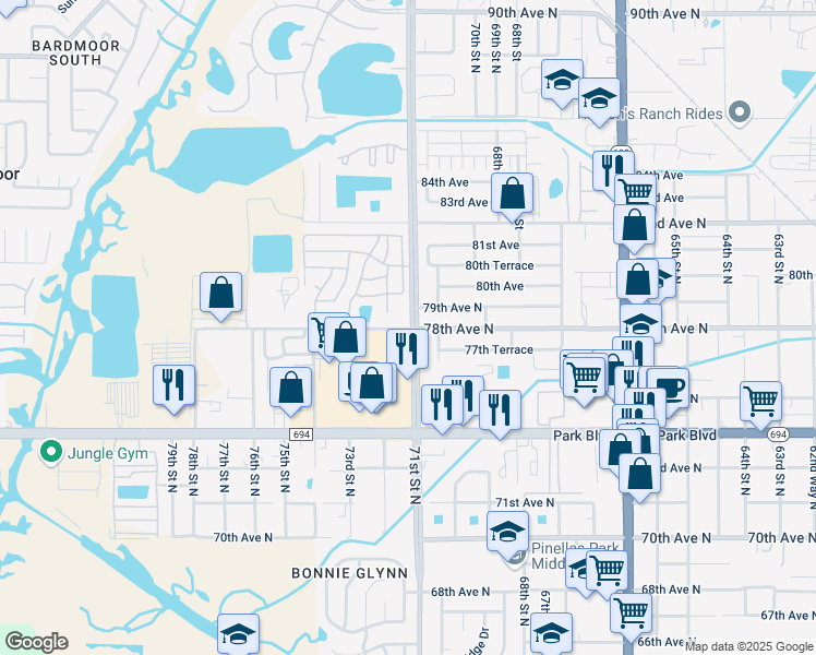 map of restaurants, bars, coffee shops, grocery stores, and more near 7700 Belcher Road in Pinellas Park