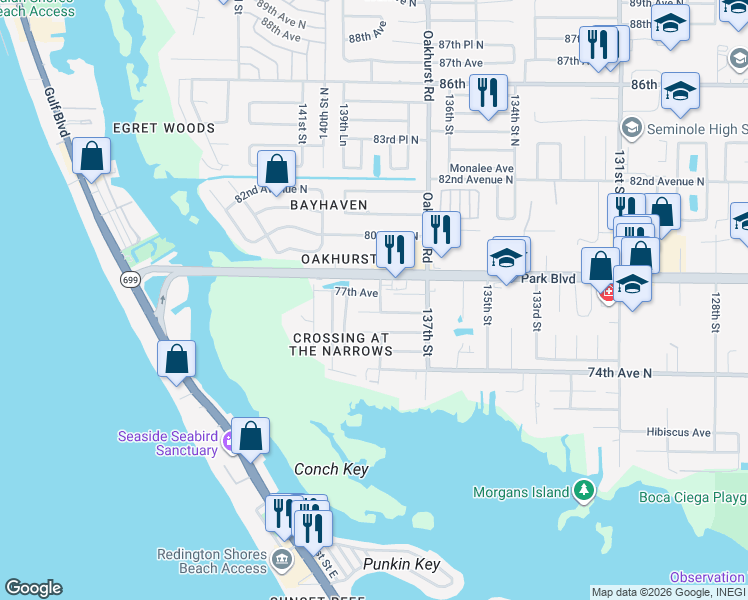 map of restaurants, bars, coffee shops, grocery stores, and more near 13855 138th Street in Seminole