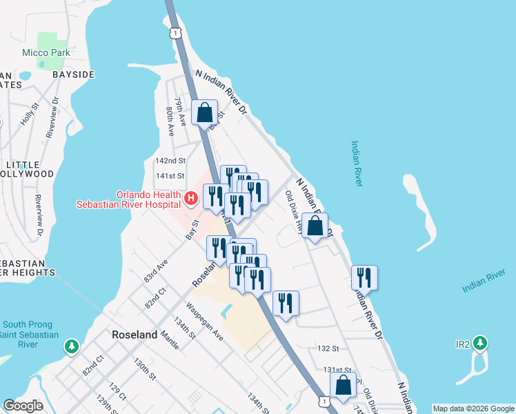 map of restaurants, bars, coffee shops, grocery stores, and more near 13600 Florida 5 in Sebastian
