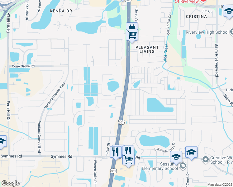 map of restaurants, bars, coffee shops, grocery stores, and more near 10630 Medford Lake in Riverview