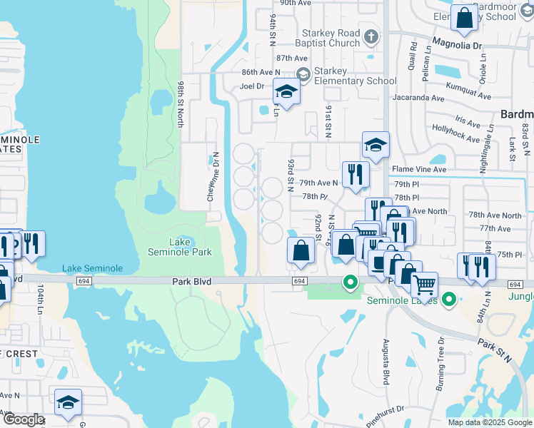 map of restaurants, bars, coffee shops, grocery stores, and more near 103 Buttonwood Circle in Seminole