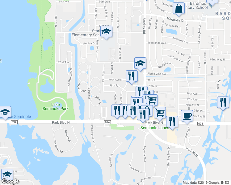 map of restaurants, bars, coffee shops, grocery stores, and more near 10849 92nd Street in Seminole
